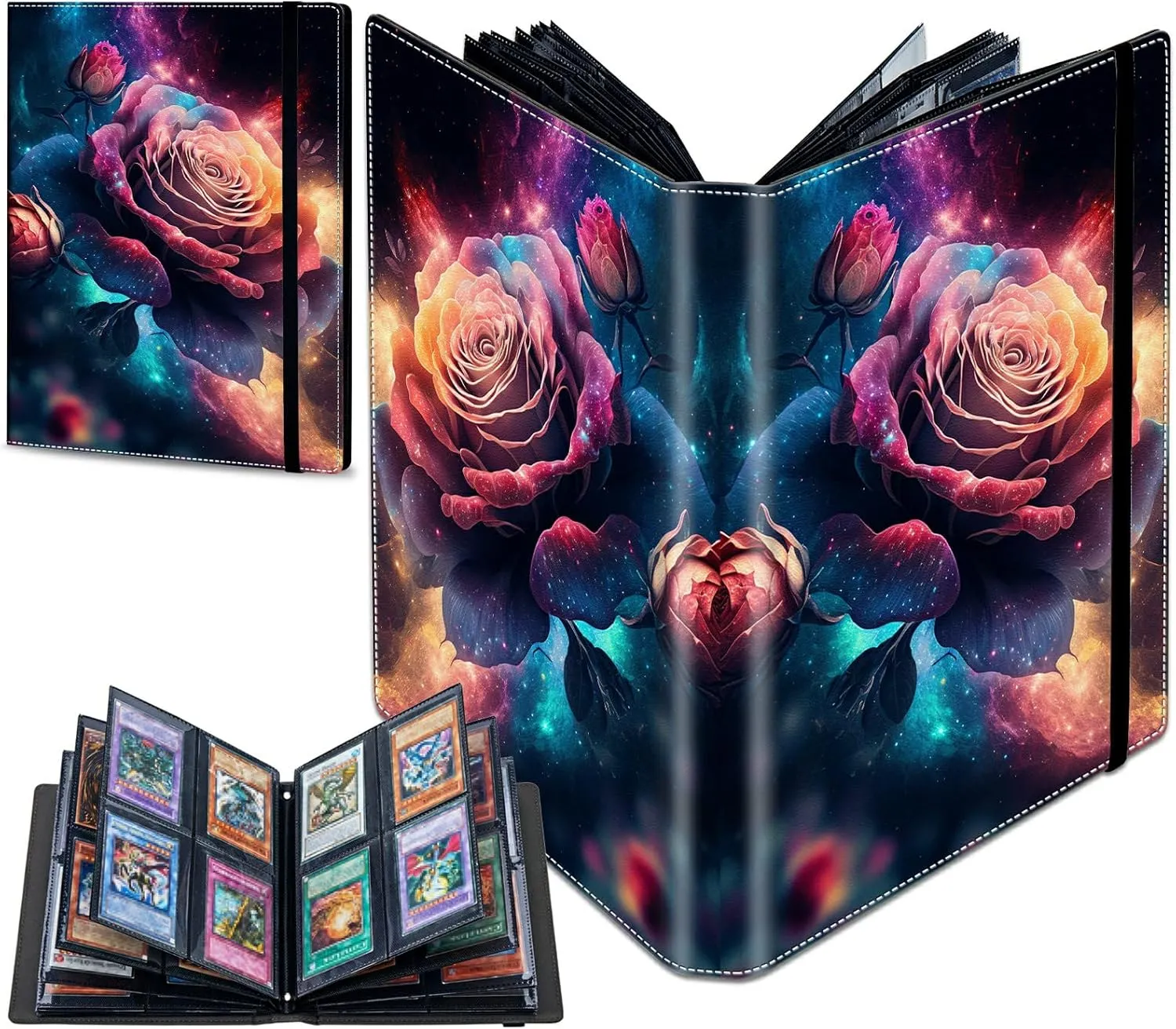 Trading Card Binder with 50 Sleeves, 4 Pocket Waterproof Card Book Holder Fits 400 Cards for Trading Cards, Football Cards, Pet Picture, Side Loading, Galaxy Pink Rose