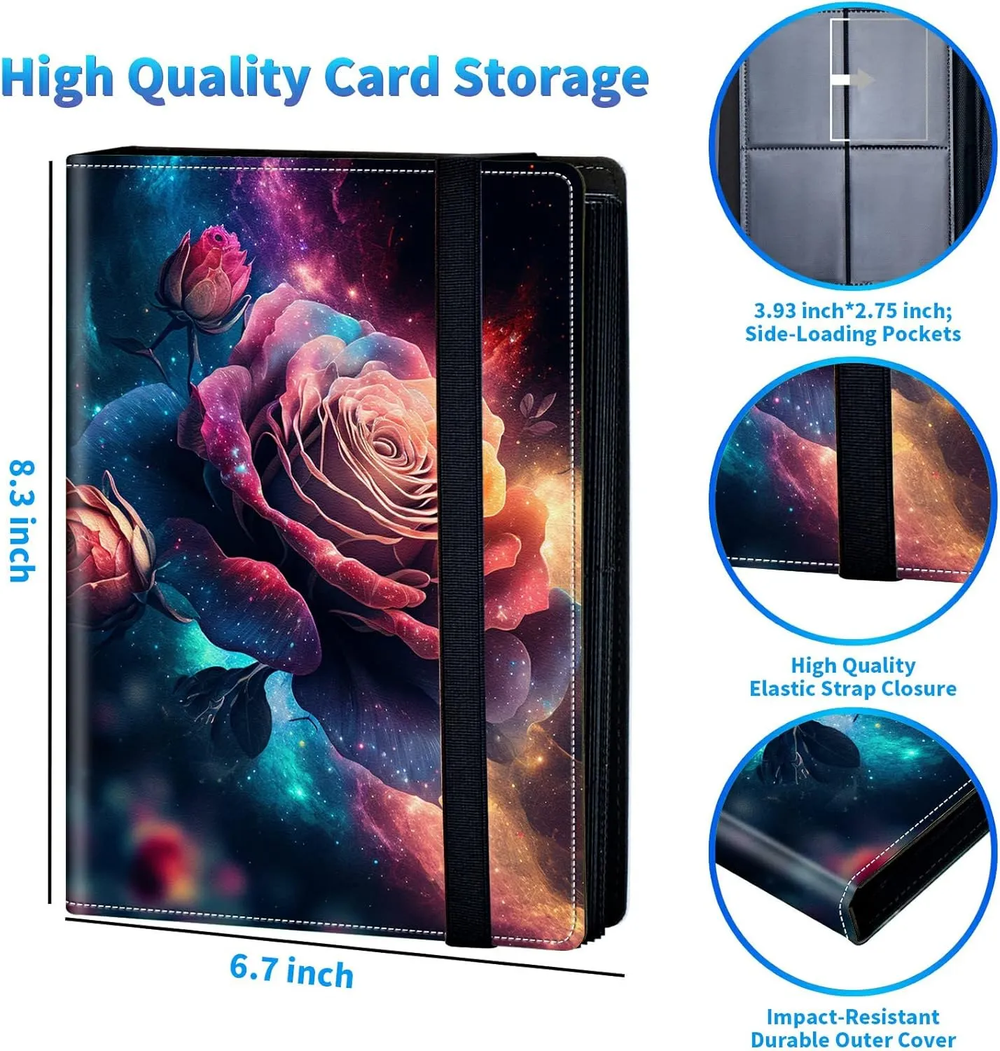 Trading Card Binder with 50 Sleeves, 4 Pocket Waterproof Card Book Holder Fits 400 Cards for Trading Cards, Football Cards, Pet Picture, Side Loading, Galaxy Pink Rose