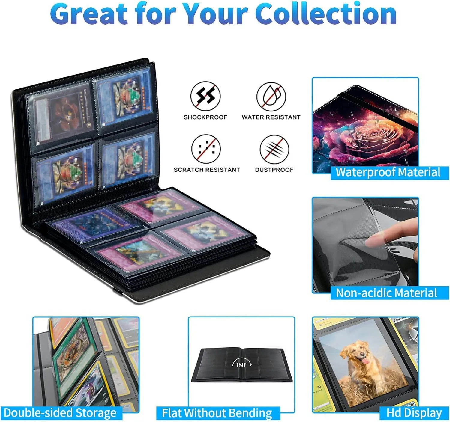 Trading Card Binder with 50 Sleeves, 4 Pocket Waterproof Card Book Holder Fits 400 Cards for Trading Cards, Football Cards, Pet Picture, Side Loading, Galaxy Pink Rose