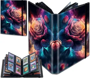 Trading Card Binder with 50 Sleeves, 4 Pocket Waterproof Card Book Holder Fits 400 Cards for Trading Cards, Football Cards, Pet Picture, Side Loading, Galaxy Pink Rose