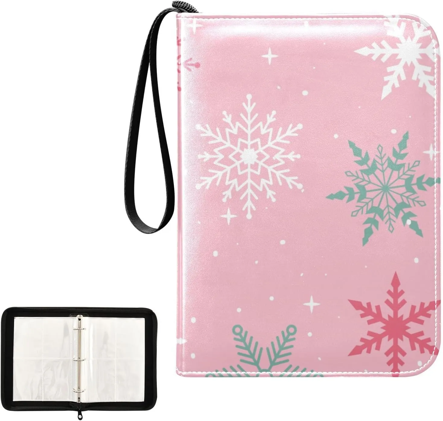 Trading Card Binder with Sleeves Christmas Winter Colorful Snowflakes Pink C4 Pocket Card Binder PU Card Collection Binder 400 Cards Holder Collector Album
