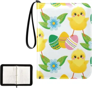 Trading Card Binder with Sleeves Easter Cute Chickens Painted Eggs C4 Pocket Card Binder PU Card Collection Binder 400 Cards Holder Collector Album