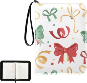 Trading Card Binder with Sleeves Xmas Colorful Bow and Ribbons C4 Pocket Card Binder PU Card Collection Binder 400 Card Holder Collector Album