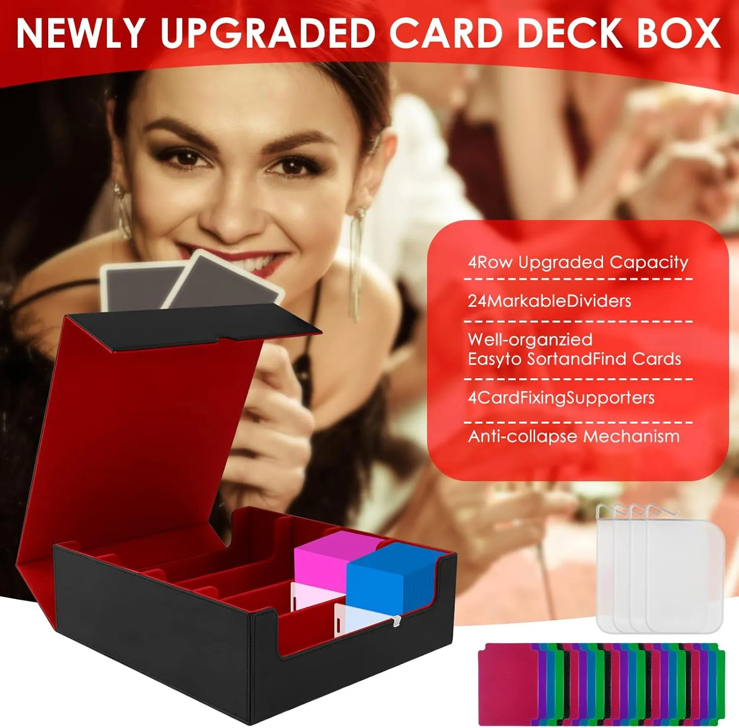Trading Card Storage Box, 3000  MTG Deck Box with 24 Colorful Dividers & 4 Card Supporters, PU Leather, Modern Style, Red, 12.6 x 11.61 x 4.09 inches
