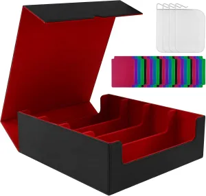 Trading Card Storage Box, 3000  MTG Deck Box with 24 Colorful Dividers & 4 Card Supporters, PU Leather, Modern Style, Red, 12.6 x 11.61 x 4.09 inches