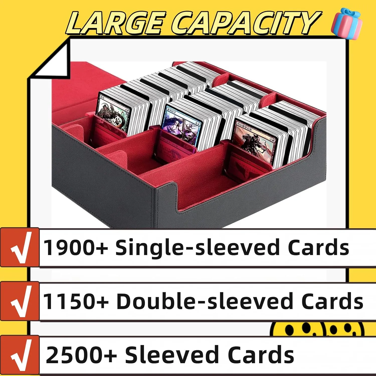 Trading Card Storage Box Cards1900 , Card Storage Box with 10PCS Divider and 4 Supporters, PU Leather Magnetic Closure,Commander Deck Box Fit MTG and Sport Cards,YugiOh(Black Red)