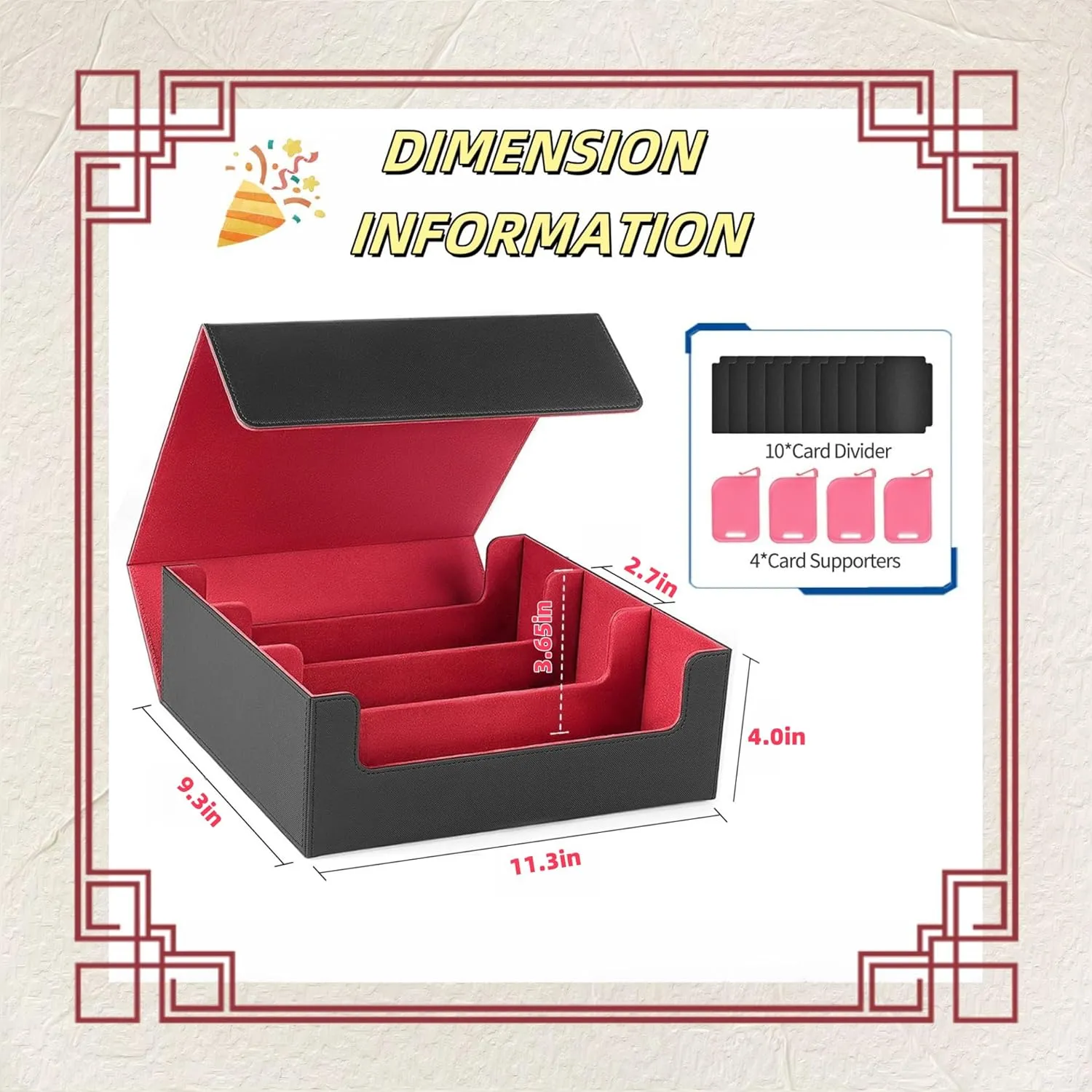 Trading Card Storage Box Cards1900 , Card Storage Box with 10PCS Divider and 4 Supporters, PU Leather Magnetic Closure,Commander Deck Box Fit MTG and Sport Cards,YugiOh(Black Red)