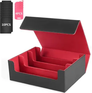 Trading Card Storage Box Cards1900 , Card Storage Box with 10PCS Divider and 4 Supporters, PU Leather Magnetic Closure,Commander Deck Box Fit MTG and Sport Cards,YugiOh(Black Red)