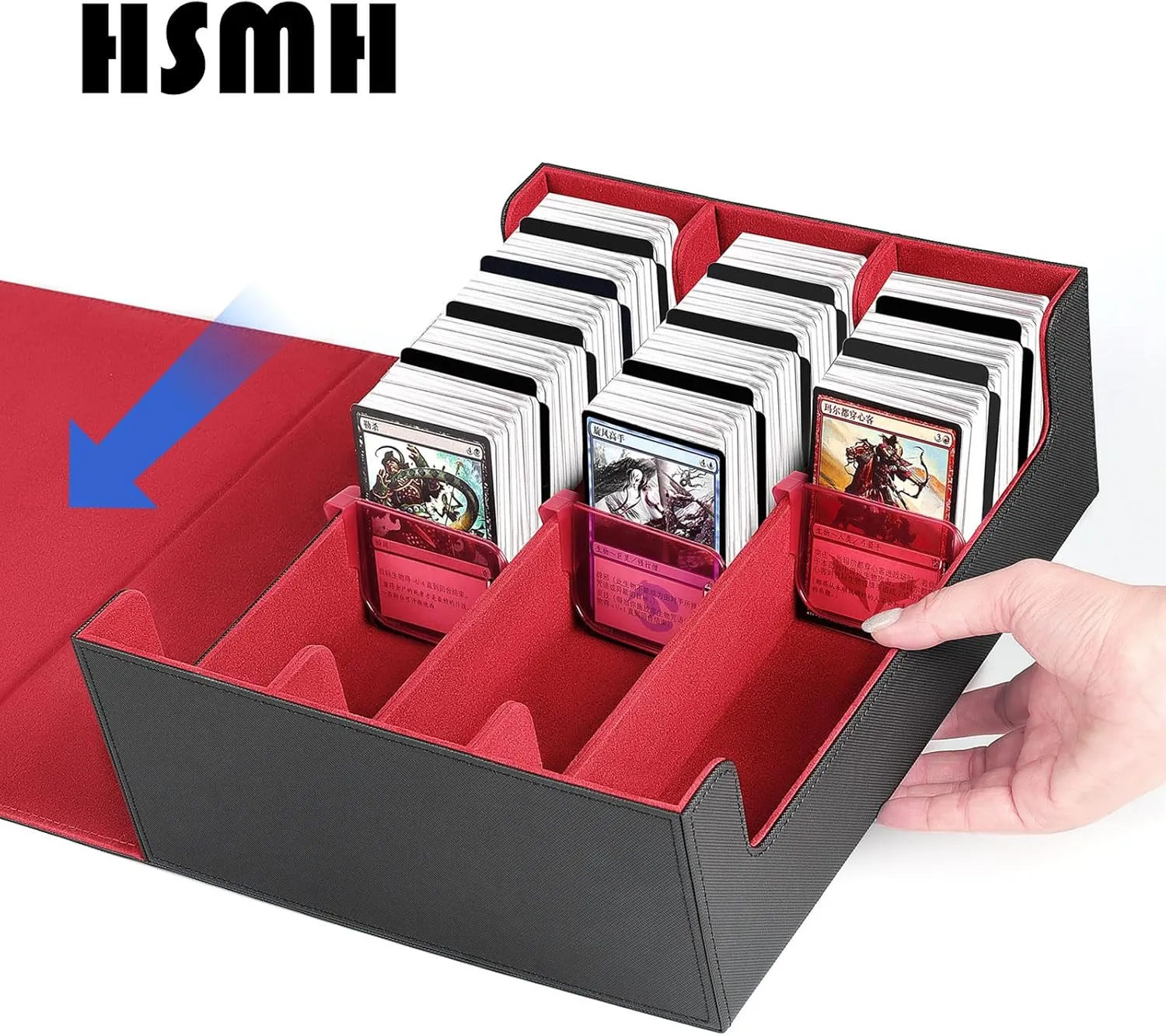 Trading Card Storage Box Cards1900 , Card Storage Box with 10PCS Divider and 4 Supporters, PU Leather Magnetic Closure,Commander Deck Box Fit MTG and Sport Cards,YugiOh(Black Red)