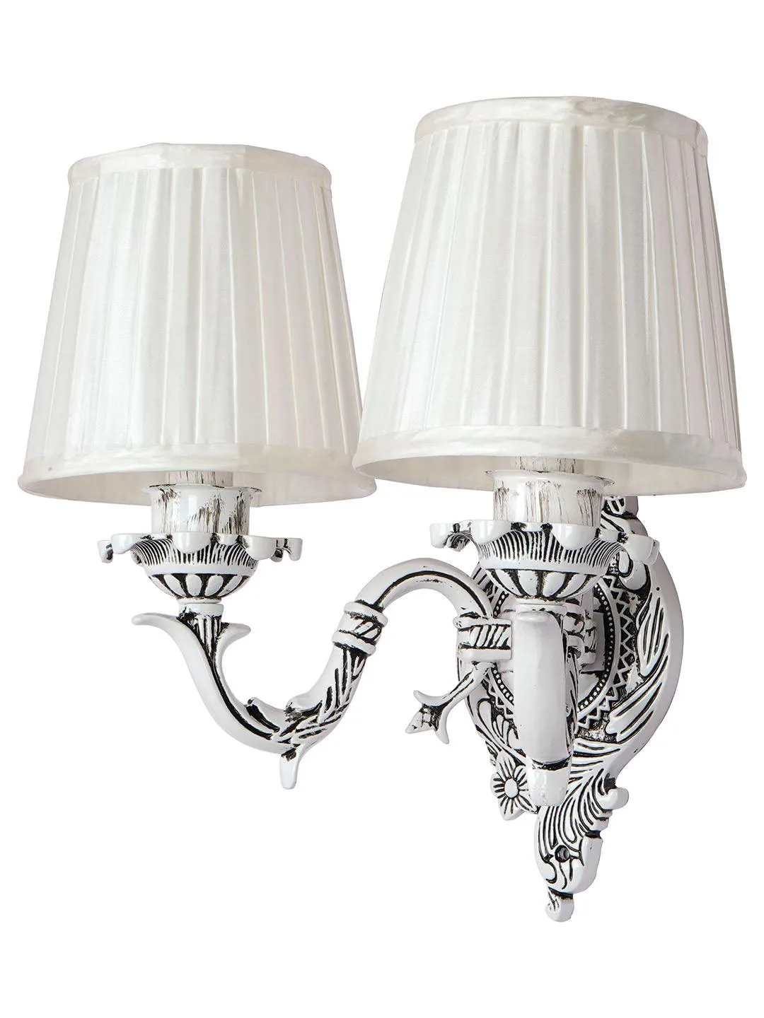 Traditional Swan Double Aluminium Wall Lamp in Antique White with Pleated Fabric Shades