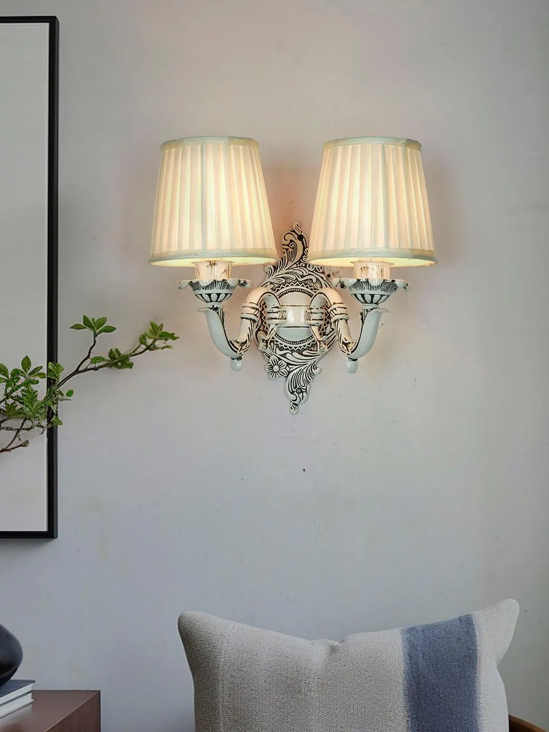 Traditional Swan Double Aluminium Wall Lamp in Antique White with Pleated Fabric Shades