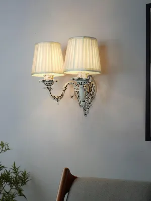 Traditional Swan Double Aluminium Wall Lamp in Antique White with Pleated Fabric Shades