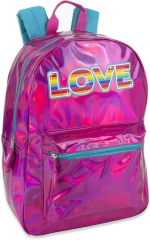 Trailmaker Holographic Laser Leather Backpack and Casual Travel Daypack in Blue and Pink with Rainbow Sayings (Pink)