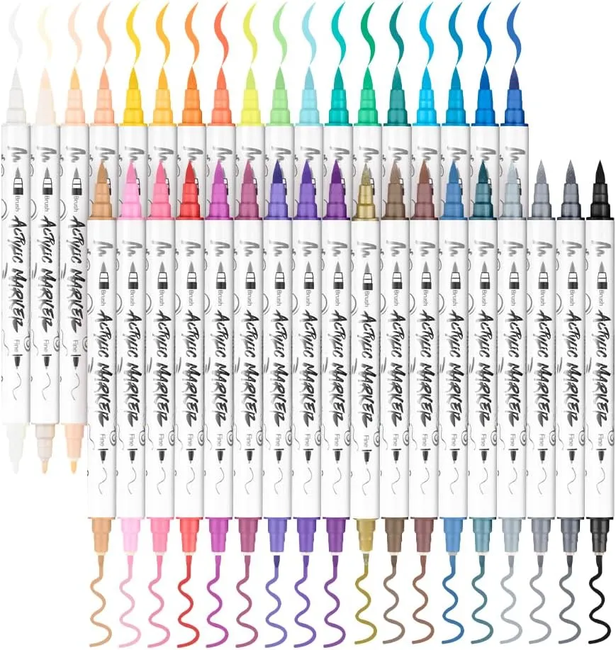 TRANSON 36 Colors Fine and Brush Dual-tip Acrylic Paint Marker Pen Set for Canvas Rock Wood Leather Ceramic DIY Painting