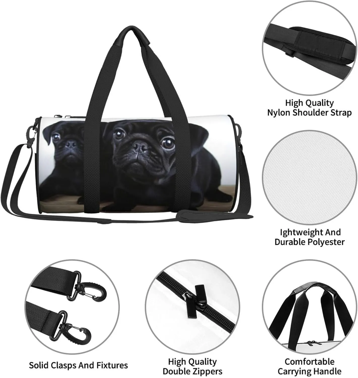 Travel Bag For Women,Cute Black Pug Print Personal Item Duffle Bags,Weekend Travel Duffel Tote Bag,Travel Sport Gym Bag For Men,Airplane Travel Essentials For Flying