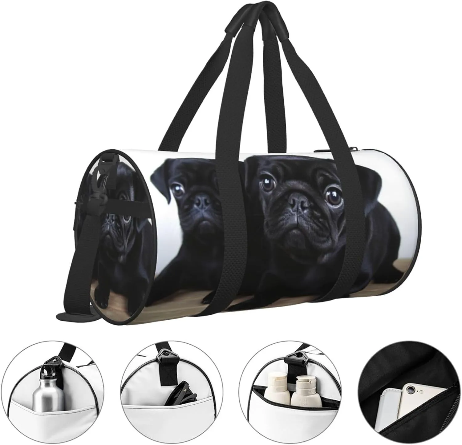 Travel Bag For Women,Cute Black Pug Print Personal Item Duffle Bags,Weekend Travel Duffel Tote Bag,Travel Sport Gym Bag For Men,Airplane Travel Essentials For Flying