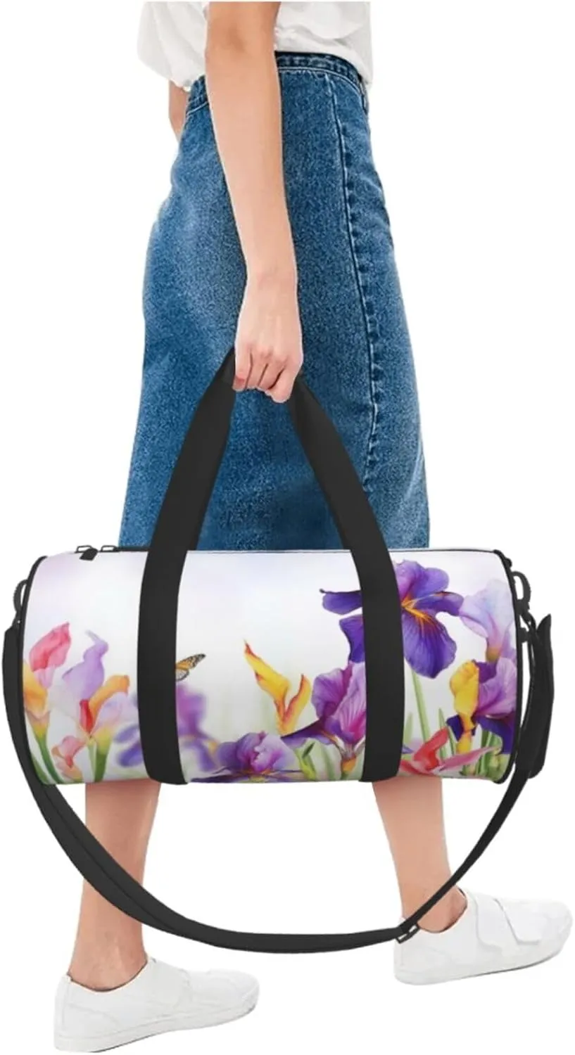 Travel Bag For Women,Iris Flower Butterfly Print Personal Item Duffle Bags,Weekend Travel Duffel Tote Bag,Travel Sport Gym Bag For Men,Airplane Travel Essentials For Flying