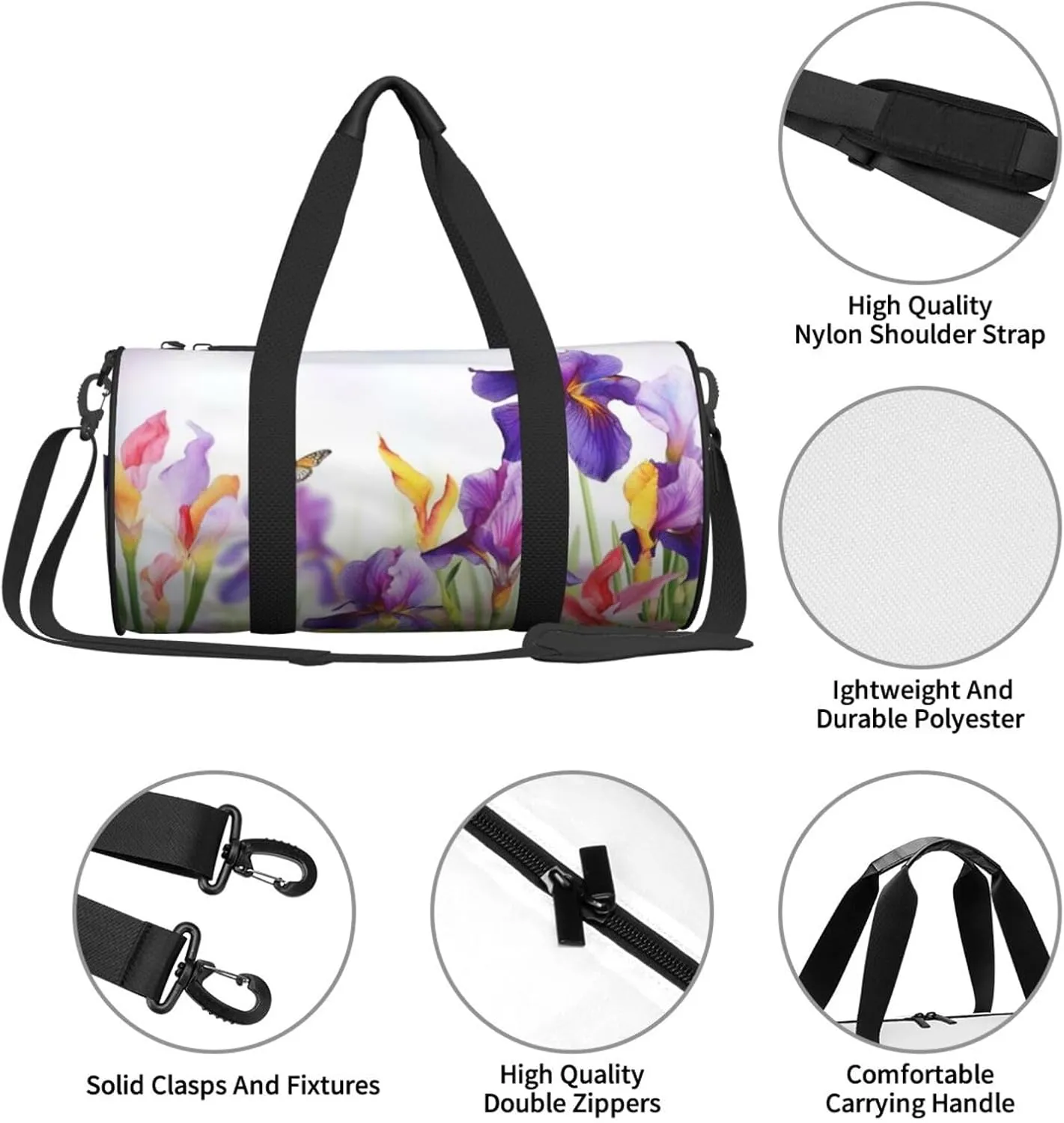 Travel Bag For Women,Iris Flower Butterfly Print Personal Item Duffle Bags,Weekend Travel Duffel Tote Bag,Travel Sport Gym Bag For Men,Airplane Travel Essentials For Flying