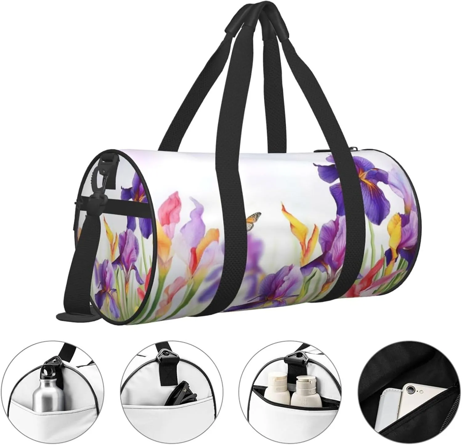 Travel Bag For Women,Iris Flower Butterfly Print Personal Item Duffle Bags,Weekend Travel Duffel Tote Bag,Travel Sport Gym Bag For Men,Airplane Travel Essentials For Flying