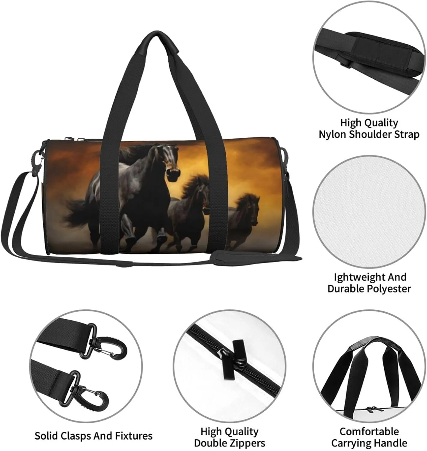 Travel Bag For Women,Running Black Horses Print Personal Item Duffle Bags,Weekend Travel Duffel Tote Bag,Travel Sport Gym Bag For Men,Airplane Travel Essentials For Flying