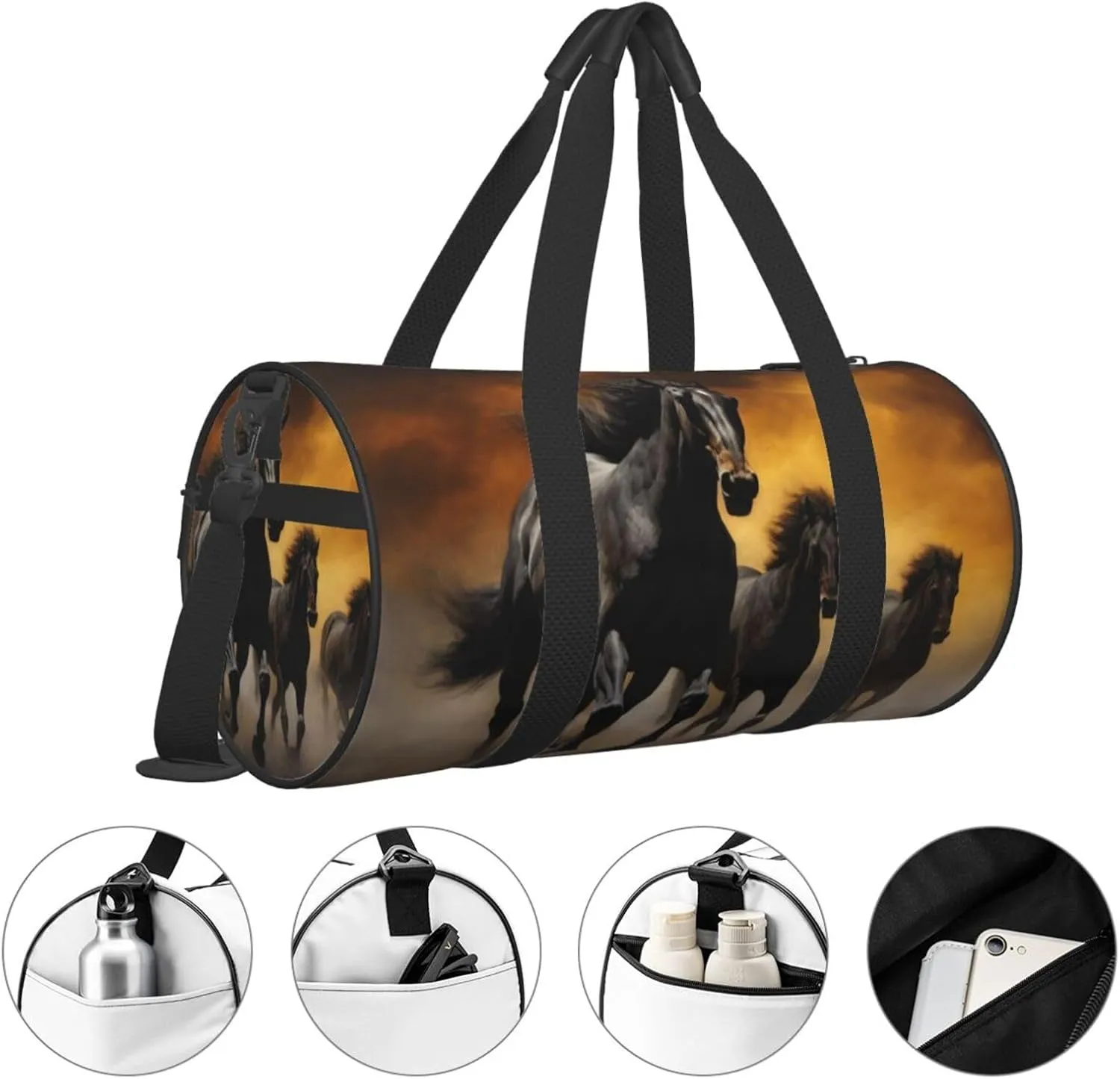 Travel Bag For Women,Running Black Horses Print Personal Item Duffle Bags,Weekend Travel Duffel Tote Bag,Travel Sport Gym Bag For Men,Airplane Travel Essentials For Flying