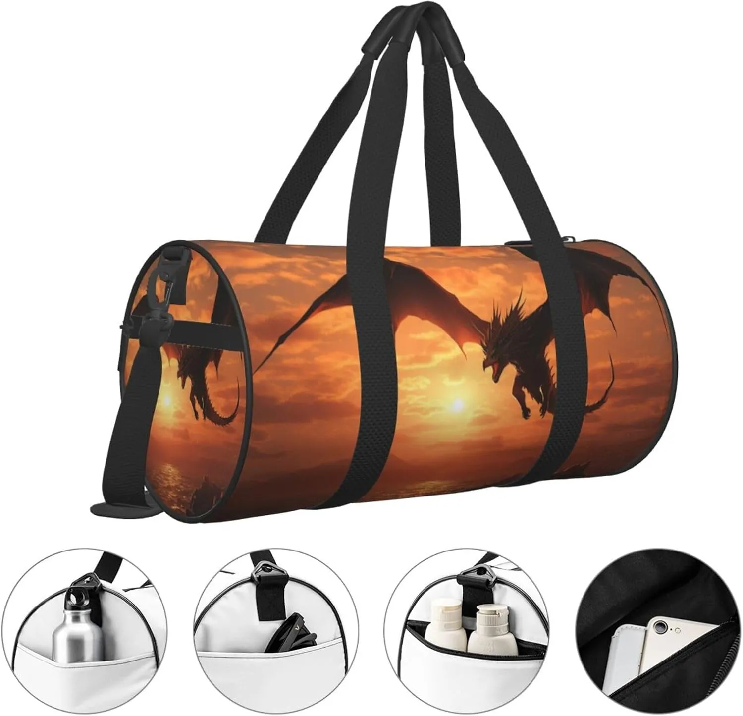 Travel Bag For Women,Sea Sunset Flying Dragon Print Personal Item Duffle Bags,Weekend Travel Duffel Tote Bag,Travel Sport Gym Bag For Men,Airplane Travel Essentials For Flying