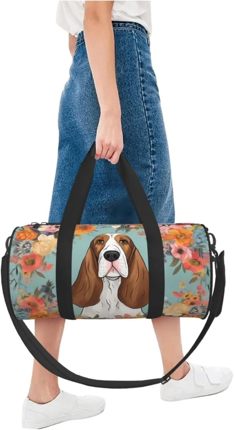 Travel Bag For Women,Sweet Basset Hound Florals Print Personal Item Duffle Bags,Weekend Travel Duffel Tote Bag,Travel Sport Gym Bag For Men,Airplane Travel Essentials For Flying