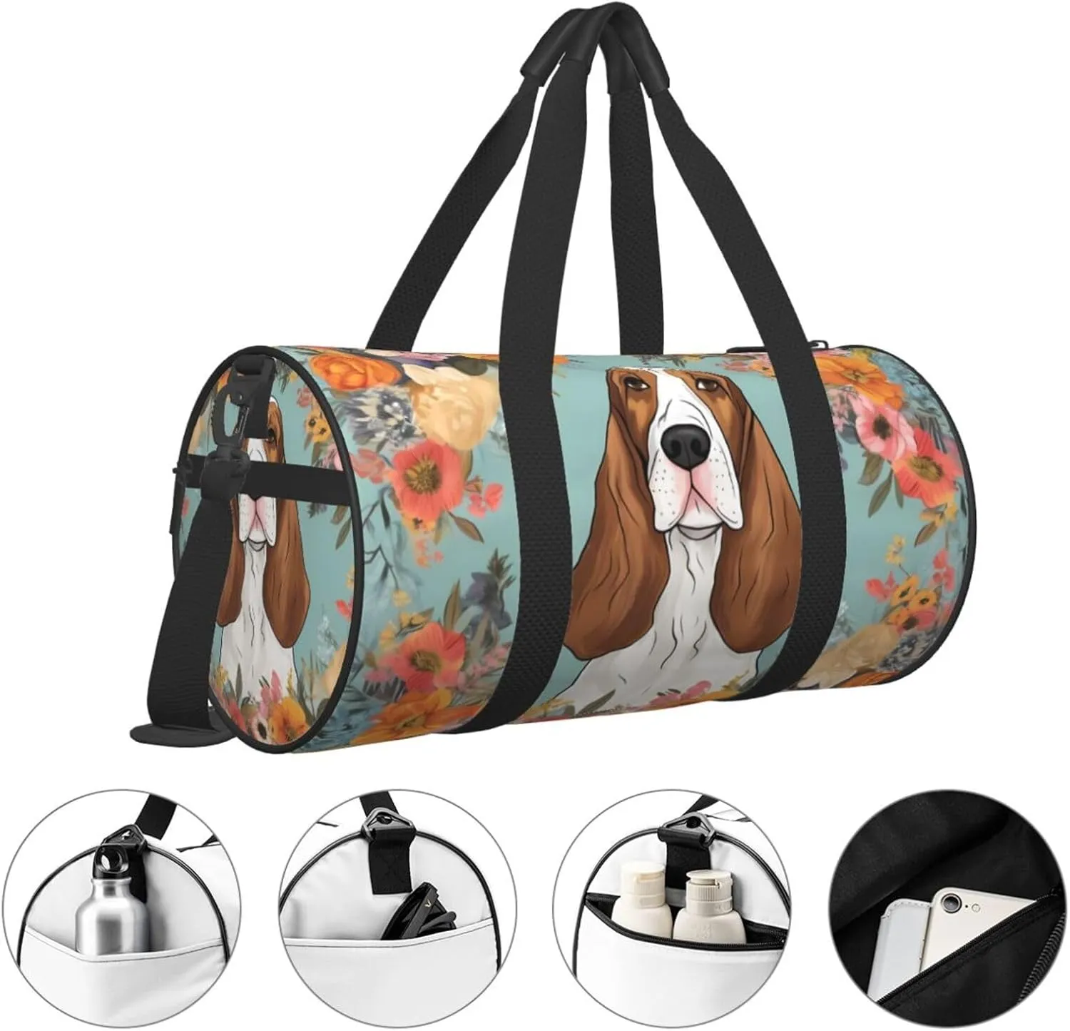 Travel Bag For Women,Sweet Basset Hound Florals Print Personal Item Duffle Bags,Weekend Travel Duffel Tote Bag,Travel Sport Gym Bag For Men,Airplane Travel Essentials For Flying