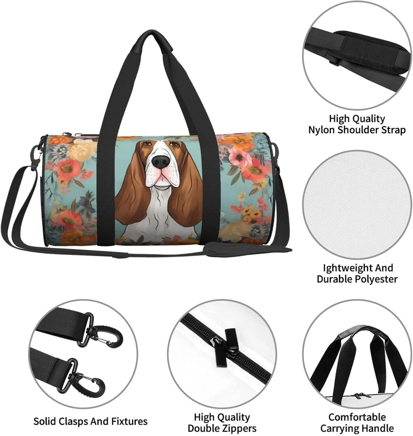 Travel Bag For Women,Sweet Basset Hound Florals Print Personal Item Duffle Bags,Weekend Travel Duffel Tote Bag,Travel Sport Gym Bag For Men,Airplane Travel Essentials For Flying