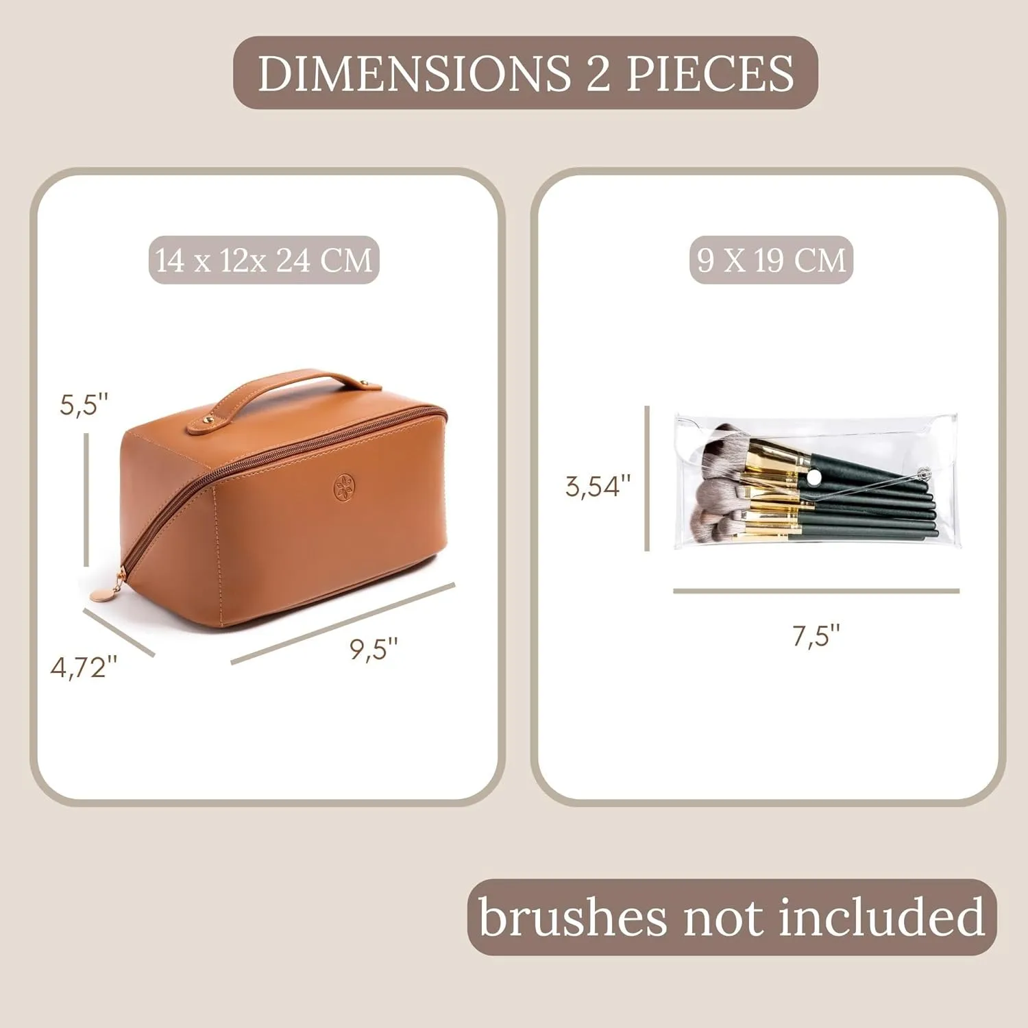 Travel Makeup Bag Waterproof Open Flat with Compartments, Large & Small Makeup Bag Organizer, PU Leather Toiletry Bag for Women, Cosmetic Bag, Make up Case Pouch, Make up Bags (2 Pcs Set)