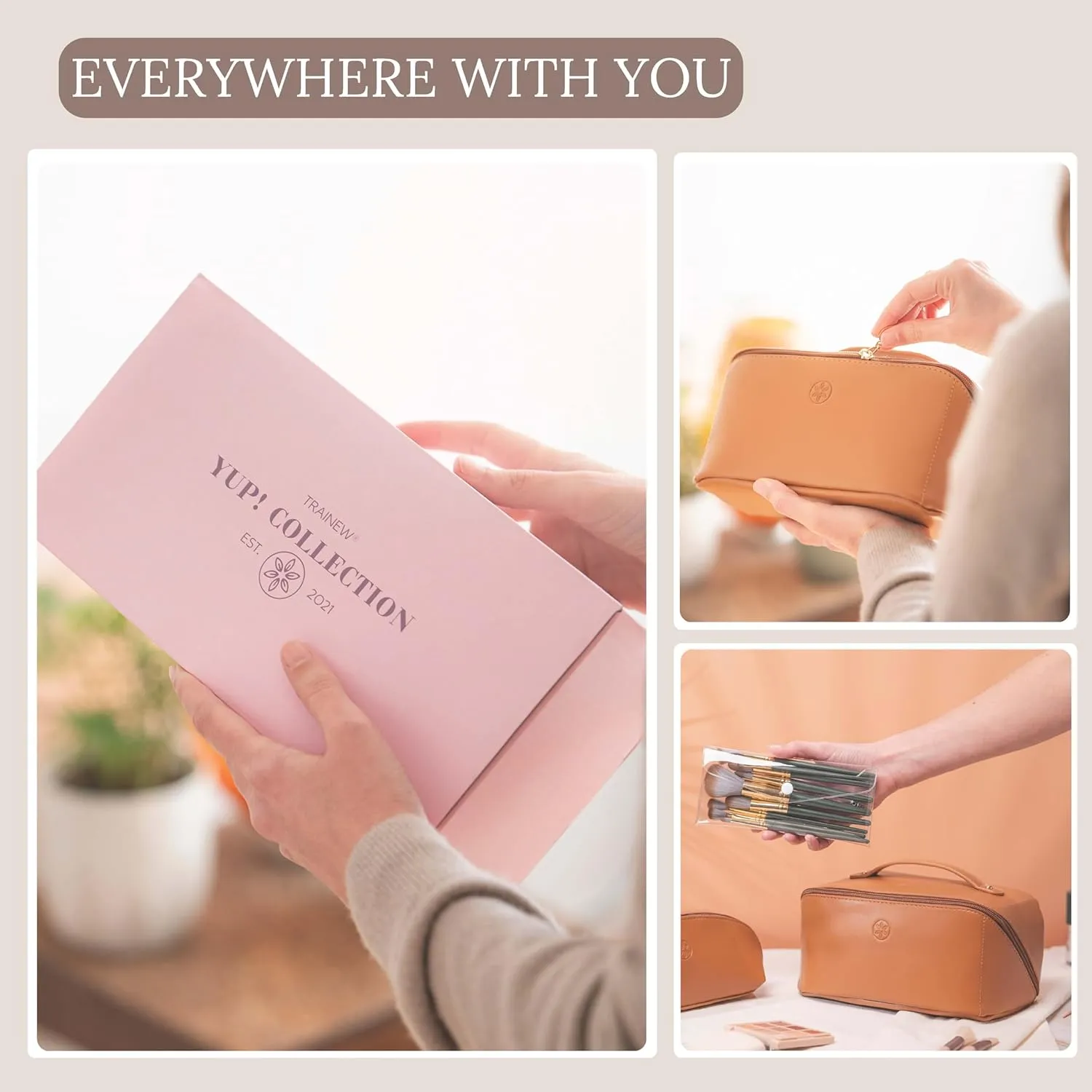 Travel Makeup Bag Waterproof Open Flat with Compartments, Large & Small Makeup Bag Organizer, PU Leather Toiletry Bag for Women, Cosmetic Bag, Make up Case Pouch, Make up Bags (2 Pcs Set)