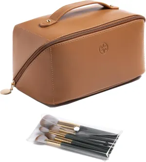 Travel Makeup Bag Waterproof Open Flat with Compartments, Large & Small Makeup Bag Organizer, PU Leather Toiletry Bag for Women, Cosmetic Bag, Make up Case Pouch, Make up Bags (2 Pcs Set)