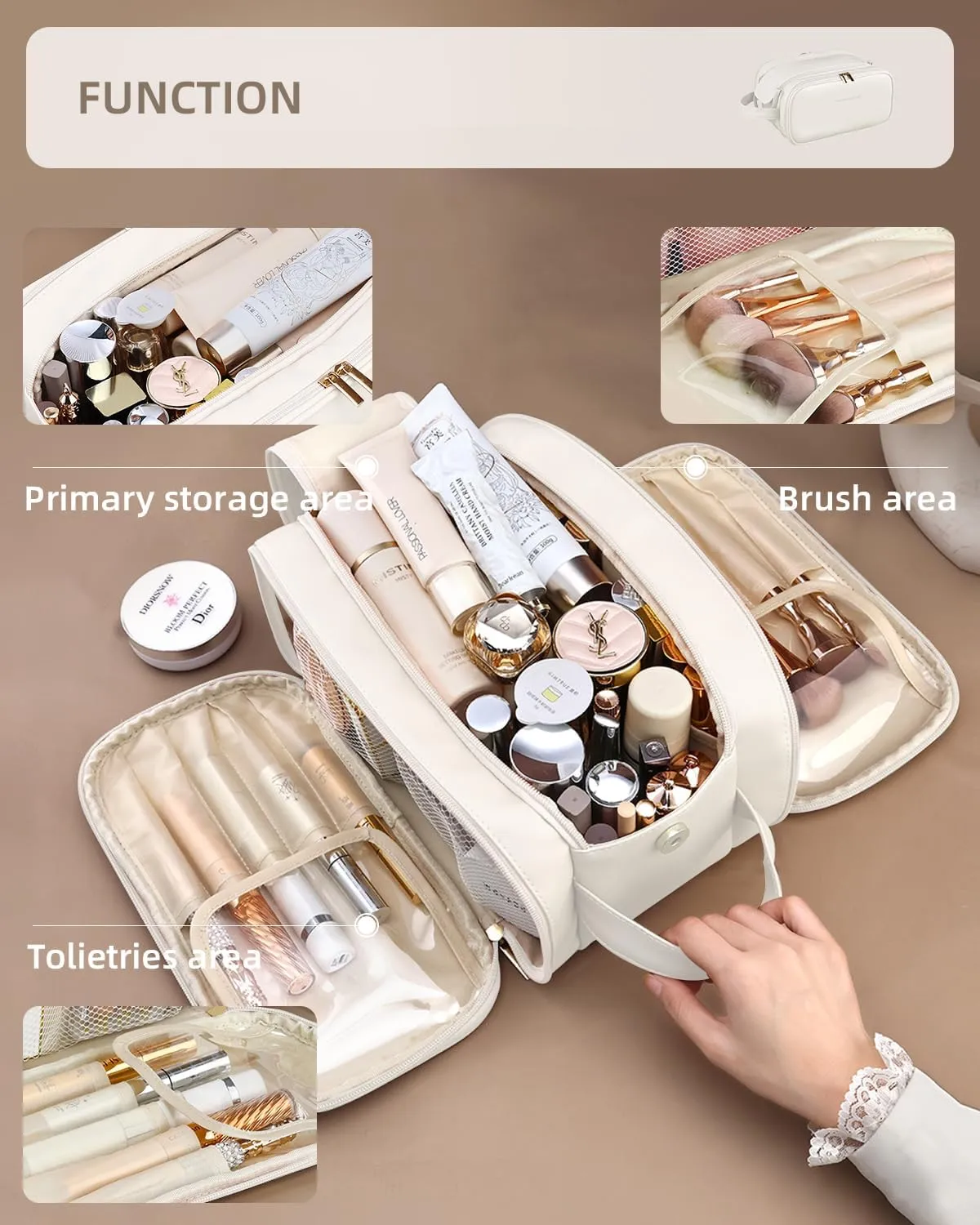 Travel Makeup Bag - Women's Portable Travel Organizer, Waterproof Cosmetic Storage Bag, Vertical Brush Holder for Easy Access