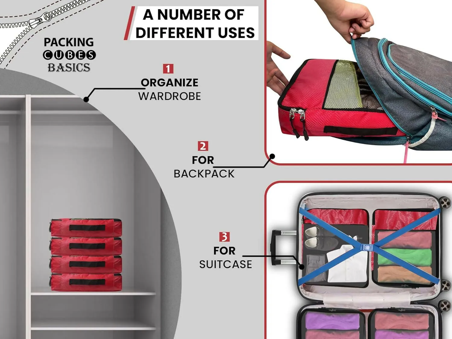 Travel Packing Cubes Polyester Organizer Bags (Pack of 4,RED)