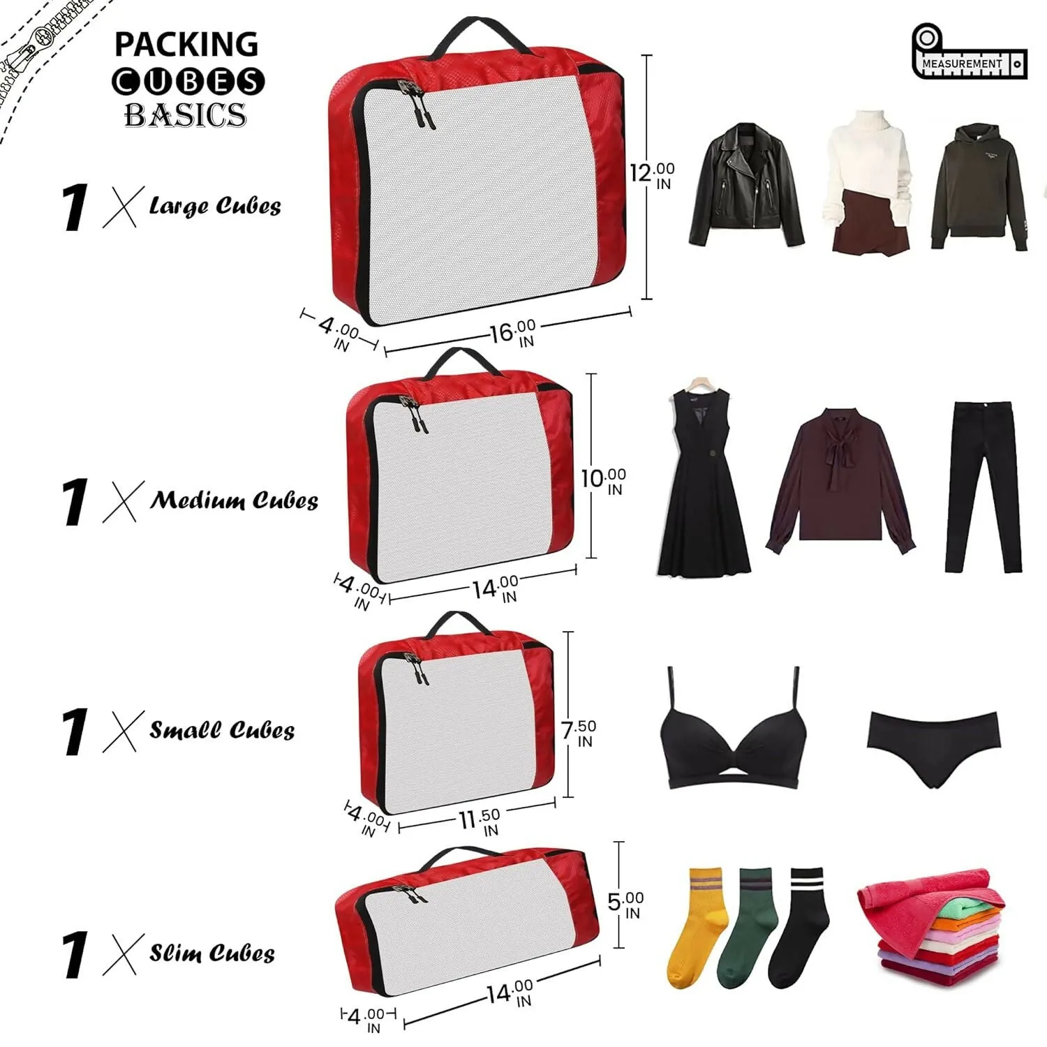 Travel Packing Cubes Set Polyester Organizer Bags (Pack of 4,RED)