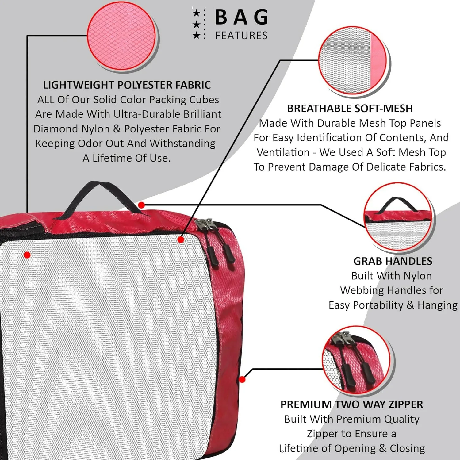 Travel Packing Cubes Set Polyester Organizer Bags (Pack of 4,RED)