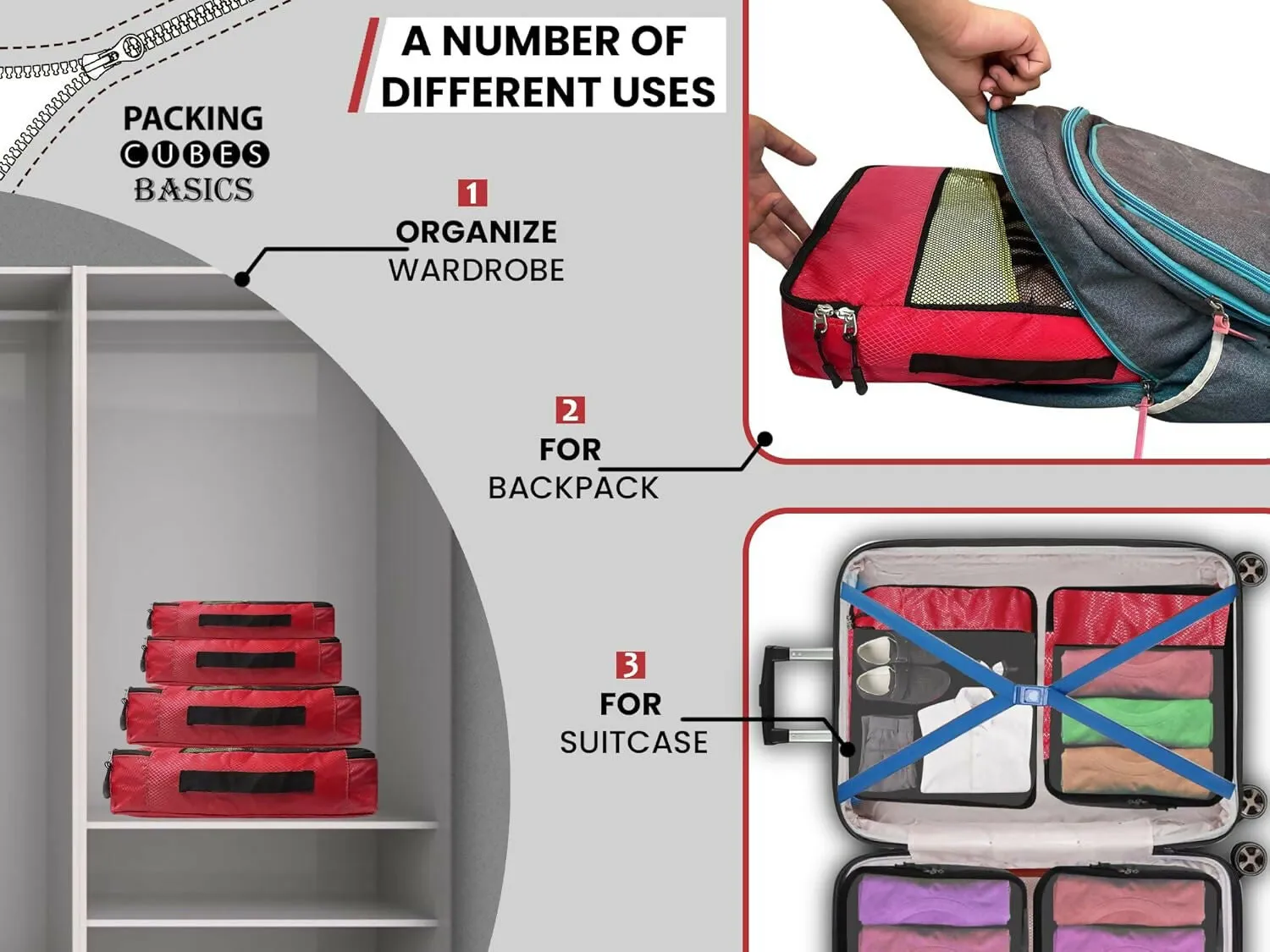 Travel Packing Cubes Set Polyester Organizer Bags (Pack of 4,RED)