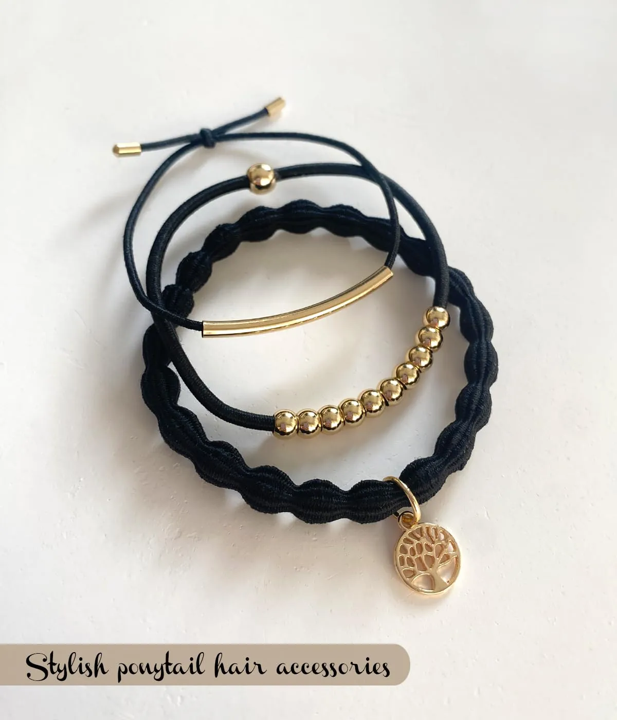 Tree of Life Hair Ties Bracelets for Women, 6 pcs Black Decorative Hair Ties for Thick & Thin Hair, Elastic Beaded Bracelet Hair Ties for Ponytail Holders