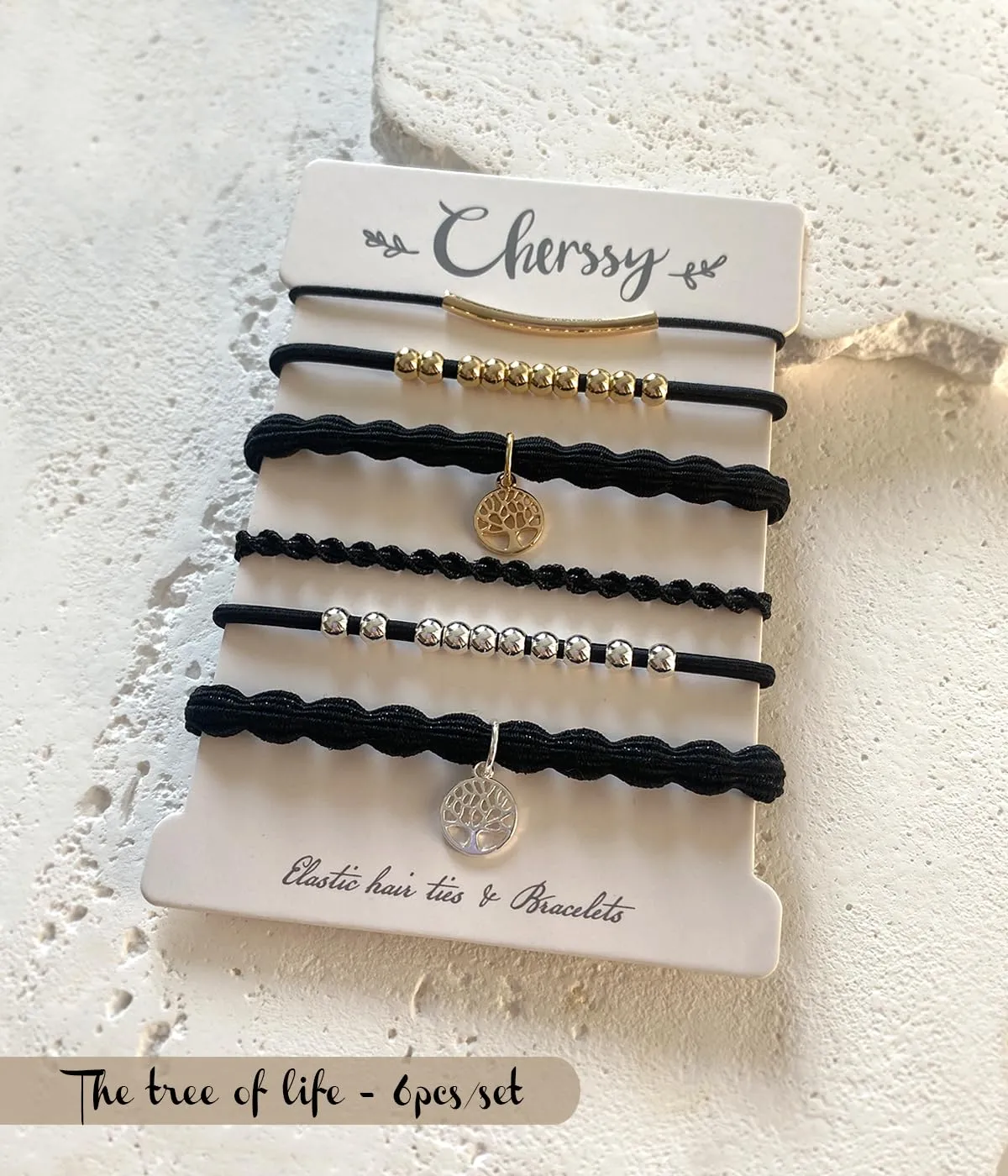 Tree of Life Hair Ties Bracelets for Women, 6 pcs Black Decorative Hair Ties for Thick & Thin Hair, Elastic Beaded Bracelet Hair Ties for Ponytail Holders