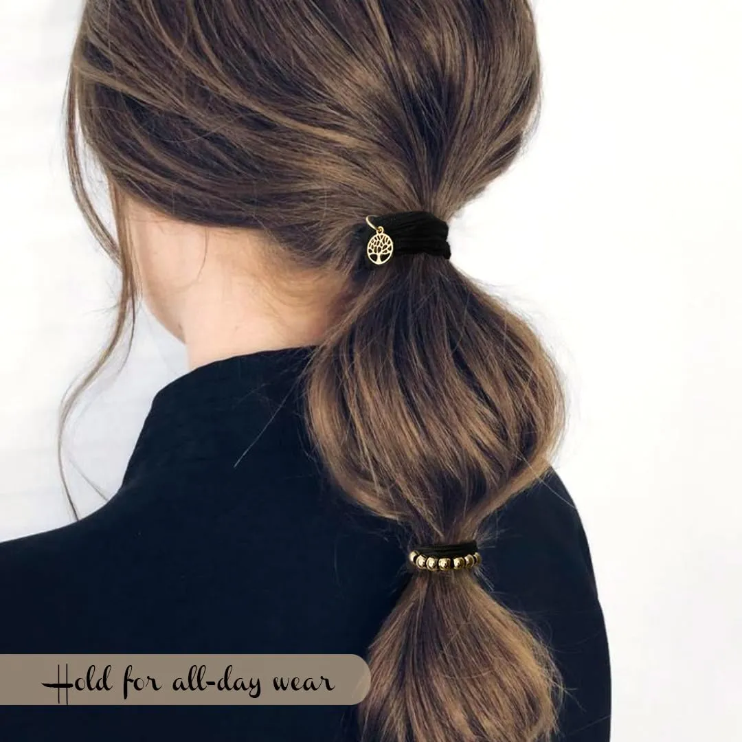 Tree of Life Hair Ties Bracelets for Women, 6 pcs Black Decorative Hair Ties for Thick & Thin Hair, Elastic Beaded Bracelet Hair Ties for Ponytail Holders