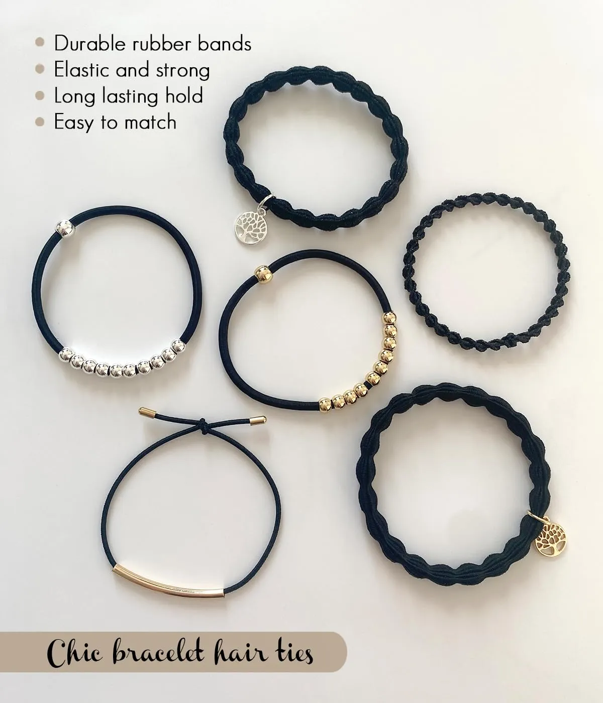 Tree of Life Hair Ties Bracelets for Women, 6 pcs Black Decorative Hair Ties for Thick & Thin Hair, Elastic Beaded Bracelet Hair Ties for Ponytail Holders