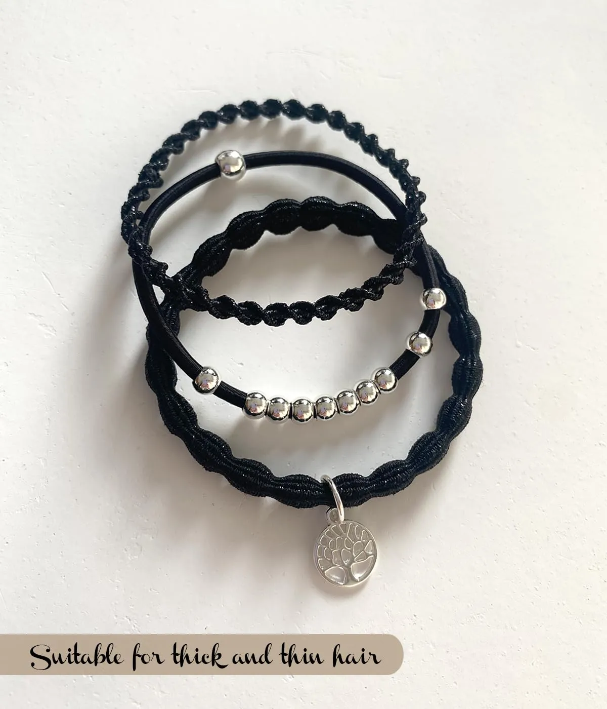 Tree of Life Hair Ties Bracelets for Women, 6 pcs Black Decorative Hair Ties for Thick & Thin Hair, Elastic Beaded Bracelet Hair Ties for Ponytail Holders