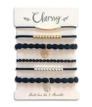 Tree of Life Hair Ties Bracelets for Women, 6 pcs Black Decorative Hair Ties for Thick & Thin Hair, Elastic Beaded Bracelet Hair Ties for Ponytail Holders