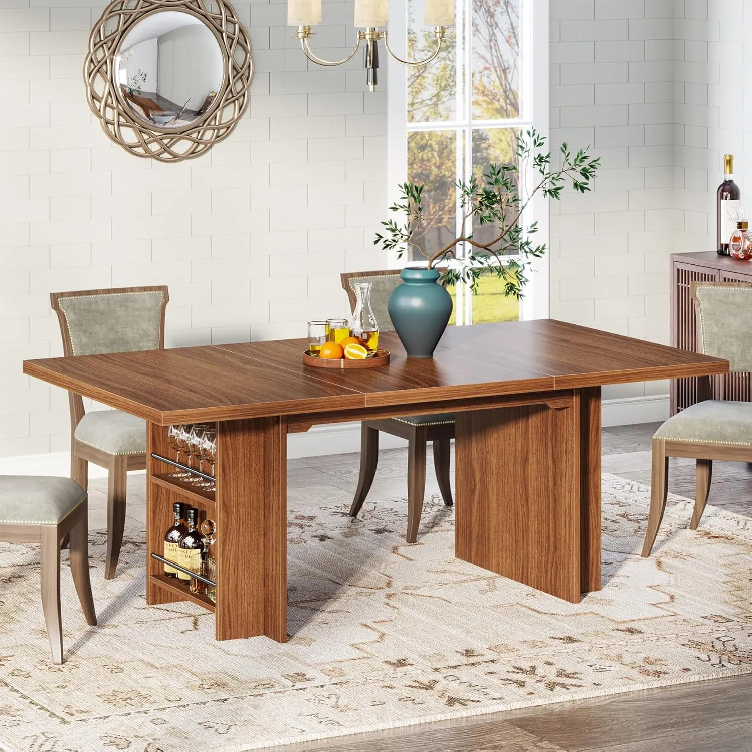 Tribesigns Farmhouse Dining Table for 6 to 8, 63-Inch Rectangular Wooden Kitchen Table with Storage, Industrial Dinner Table with Shelves for Dining Room, Kitchen, Living Room, Brown