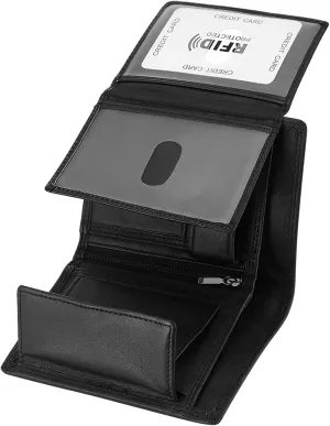 Trifold Billfold RFID Blocking Cowhide Leather Wallet for Men 10 Card Slots 2 ID Windows with Coin Pocket