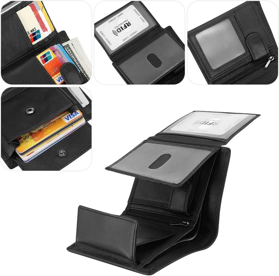 Trifold Billfold RFID Blocking Cowhide Leather Wallet for Men 10 Card Slots 2 ID Windows with Coin Pocket