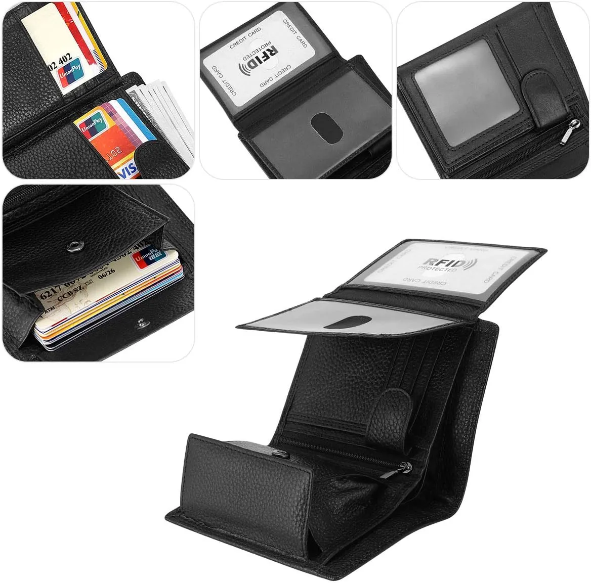 Trifold Billfold RFID Blocking Cowhide Leather Wallet for Men 10 Card Slots 2 ID Windows with Coin Pocket