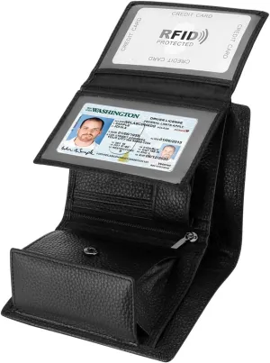 Trifold Billfold RFID Blocking Cowhide Leather Wallet for Men 10 Card Slots 2 ID Windows with Coin Pocket