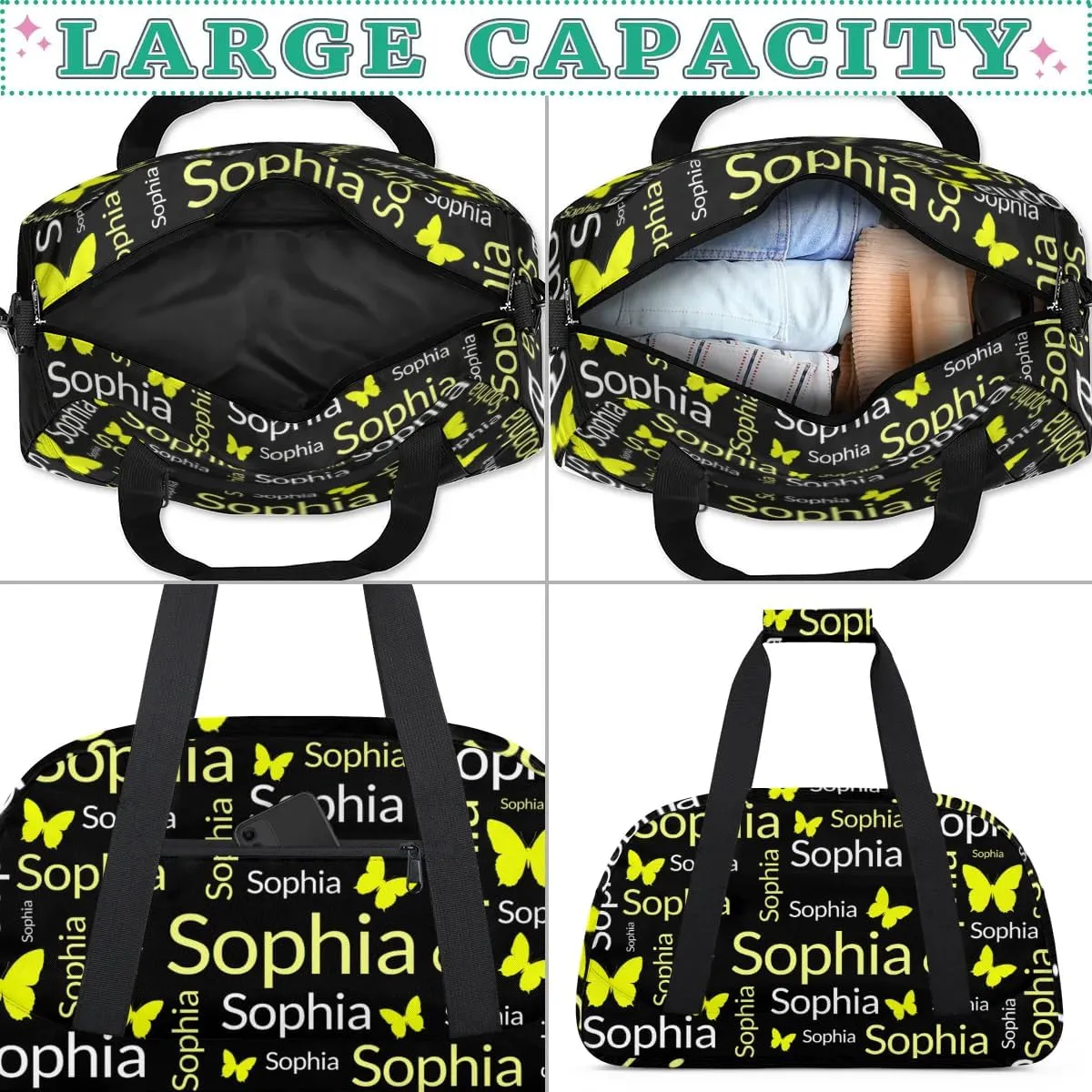 TropicalLife Custom Butterfly Sport Gym Bag Personalized Dance Bag Customized Duffle Bag Travel Duffle Bag for Women Gold White Butterfly