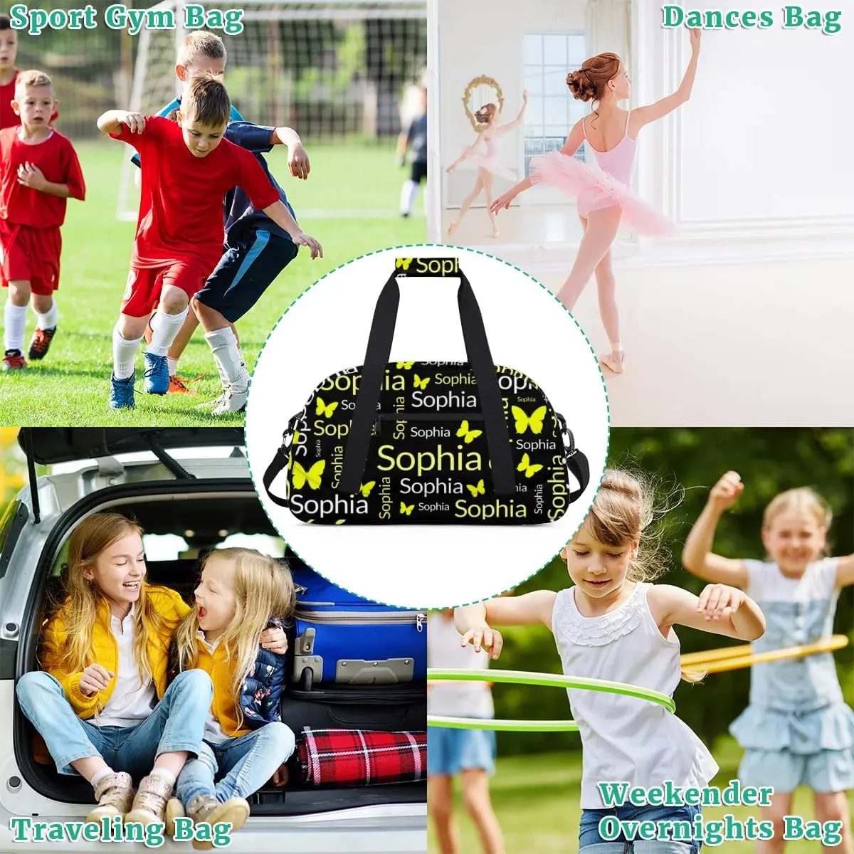 TropicalLife Custom Butterfly Sport Gym Bag Personalized Dance Bag Customized Duffle Bag Travel Duffle Bag for Women Gold White Butterfly